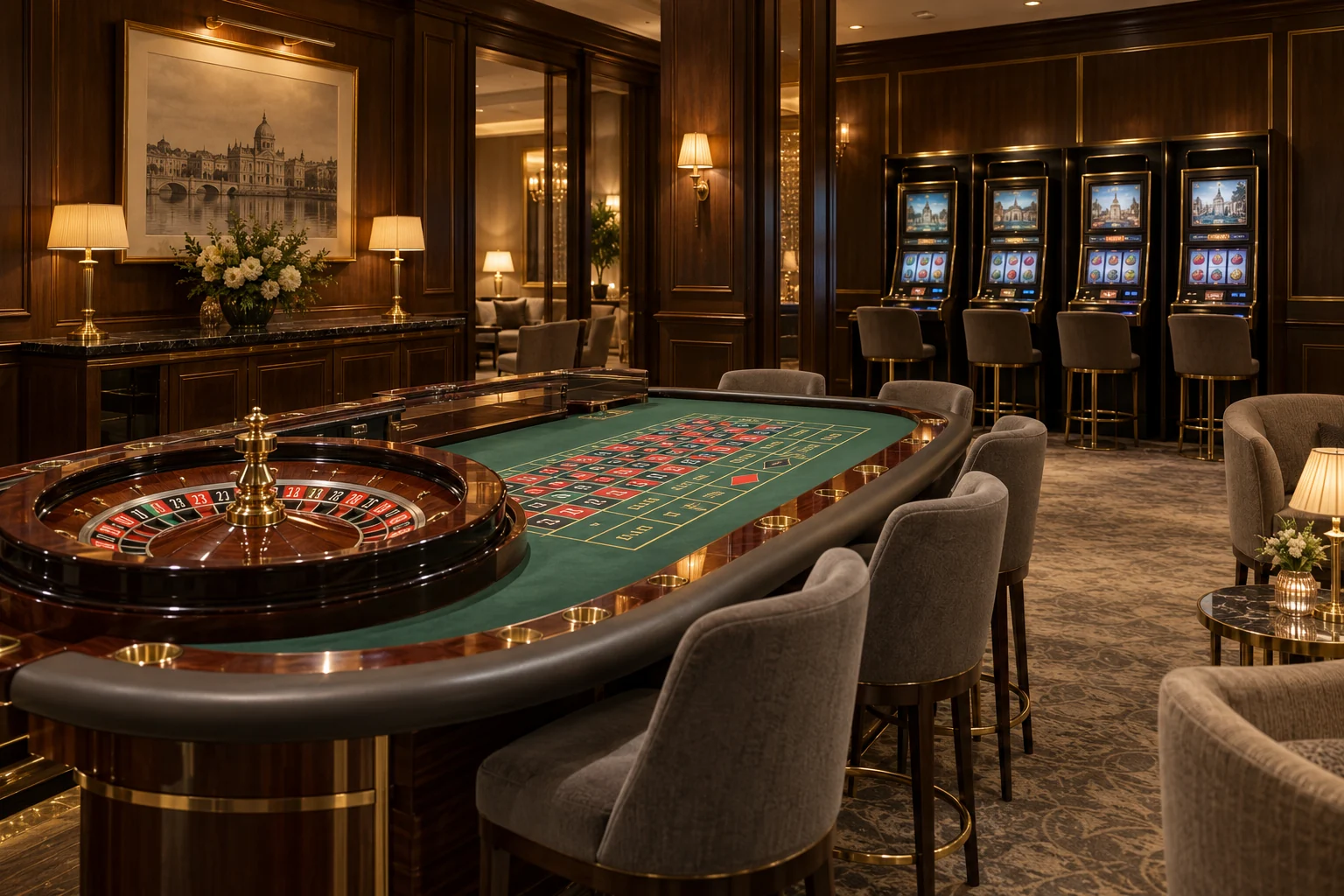 Rulettasztal és elektronikus játékgépek a Casino Lounge terében